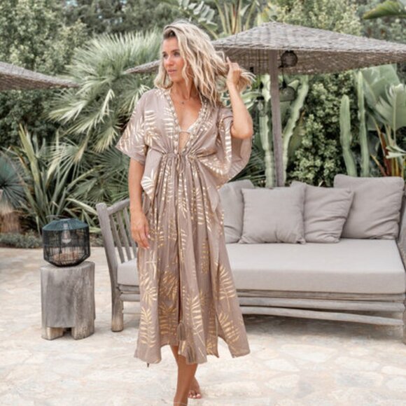 ☀️SUMMER SALE!☀️ IBIZAMODE - LONG KIMONO LEAFY TAUPE - ONE SIZE - BNWT - Picture 4 of 8